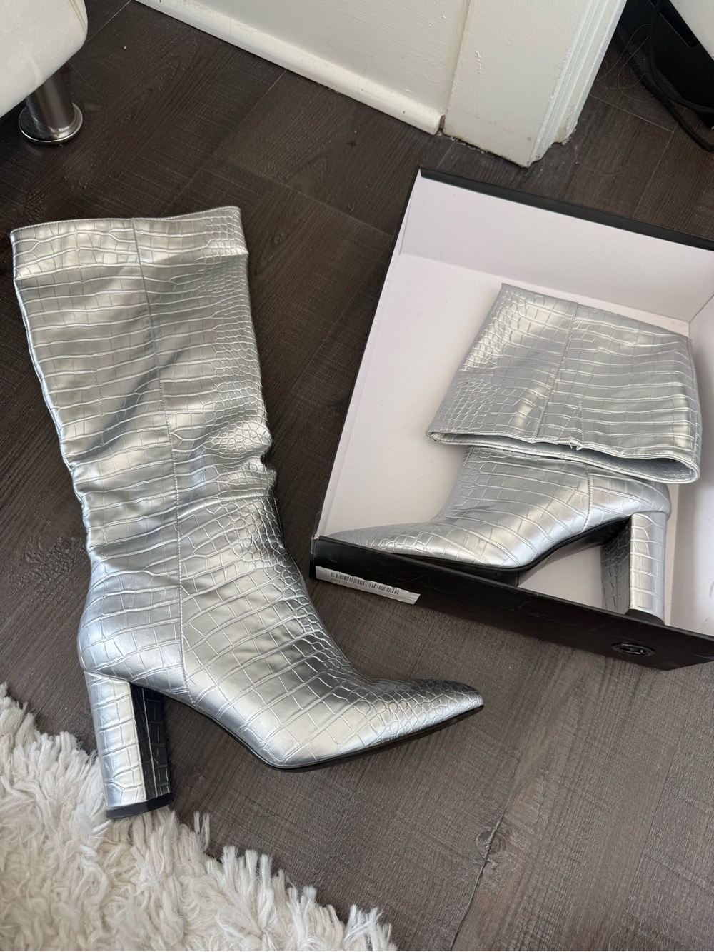 Silver Croc-Embossed Mid-Calf Block Heel Boots